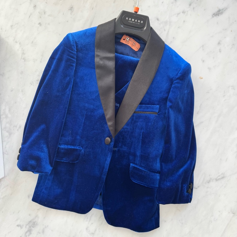 3 Piece Tuxedo Set Romano Collection 3Y Velvet Cobalt Blue Vest Blazer Trousers